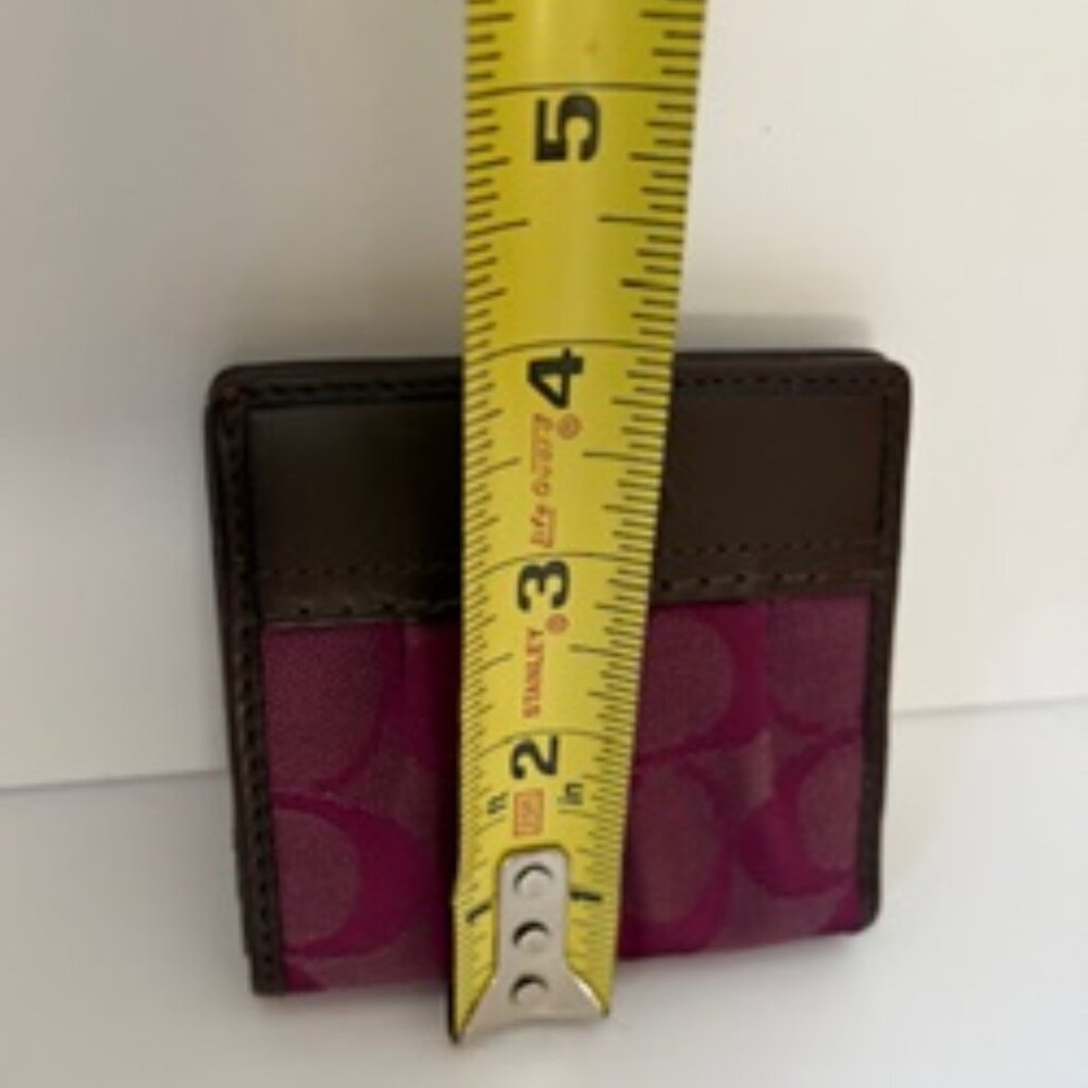 Coach Bifold Wallet in Signature Canvas in Purple/Magenta with Brown Trim - Picture 5 of 7